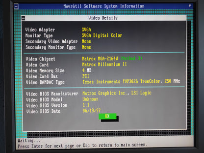 Matrox 703-00 Millennium II 8MB MGA-2164W PCI VGA Retro Video Card MIL2P/8I