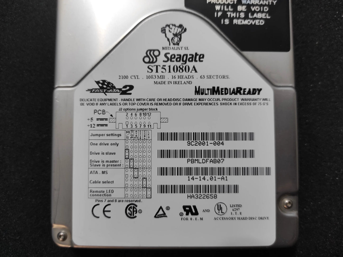 Seagate Medalist ST51080A 1083MB 256KB 5400RPM IDE 3.5’’ Retro Hard Drive HDD