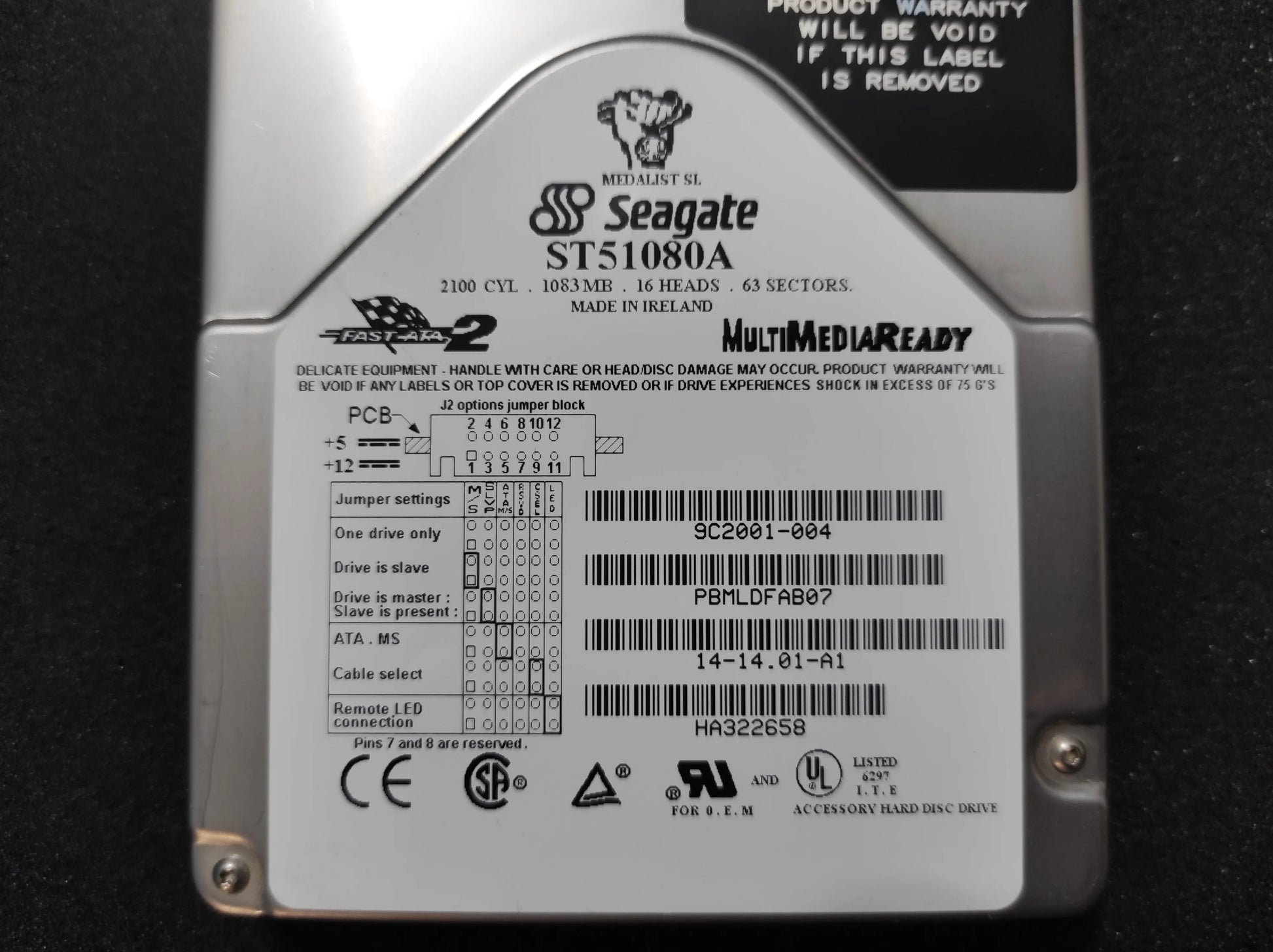 Seagate Medalist ST51080A 1083MB 256KB 5400RPM IDE 3.5’’ Retro Hard Drive HDD