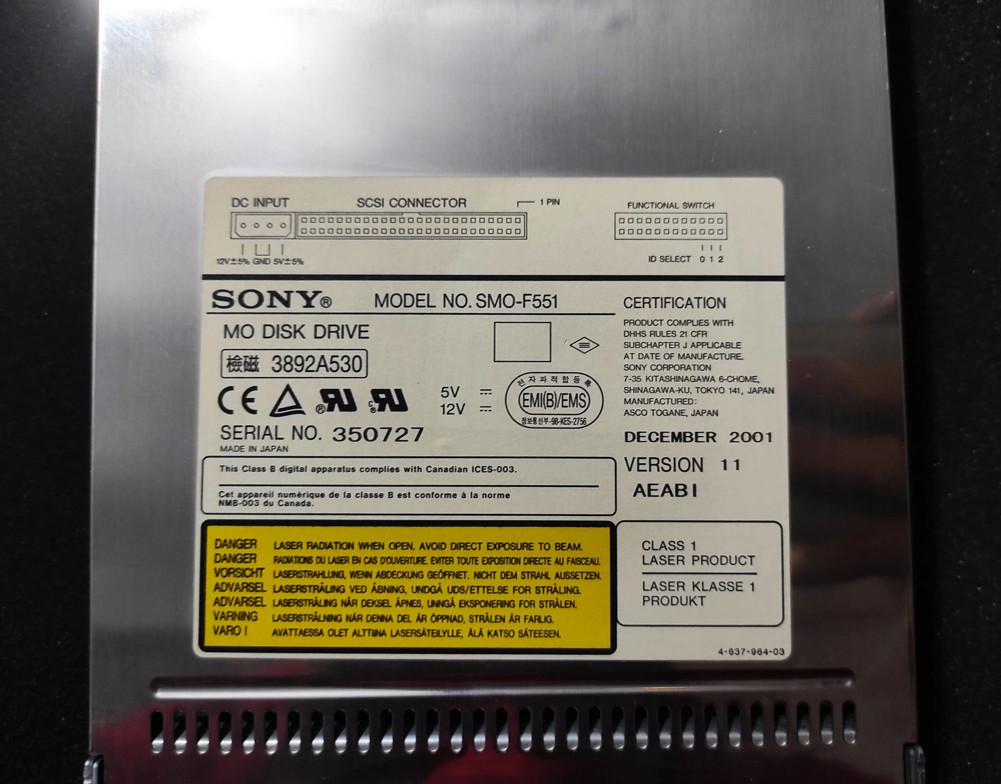 SONY SMO-F551 5.2GB SCSI 5.25’’ Internal Magneto Optical MO Drive