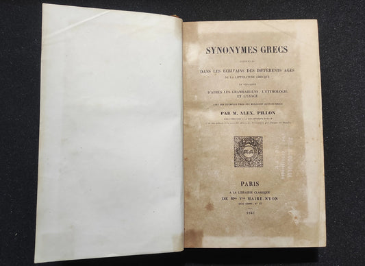 Synonymes grecs 1847 par M. Alex. Pillon Maire-Nyon Rare Antique Book
